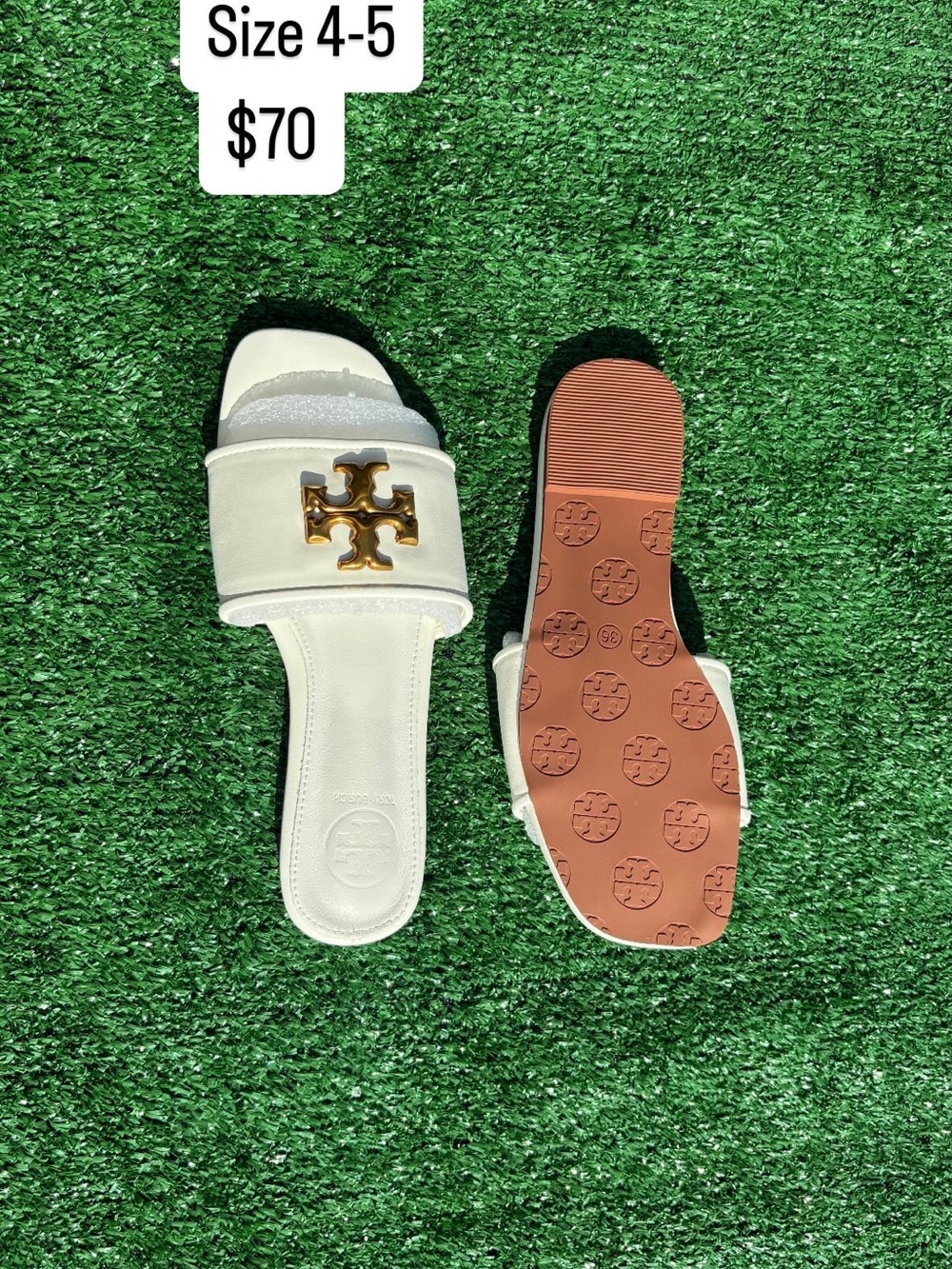 Tory Burch White Girls' Slide Sandals with Gold Logo Accent